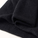 Close-up texture of a black, 6-ply ribbed knit cashmere watchcap.